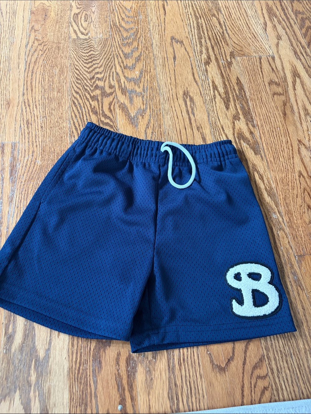 B Appliqué Navy Mesh Kids' Athletic Shorts with Contrast Drawcord